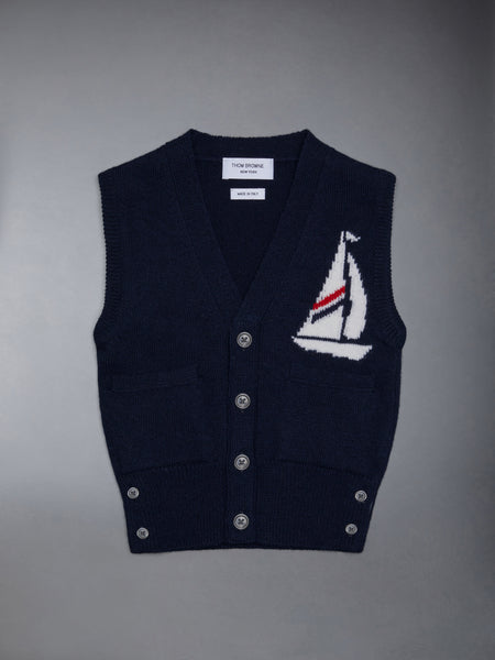 Kid's Fine Merino Half Drop Cardigan Vest NAVY