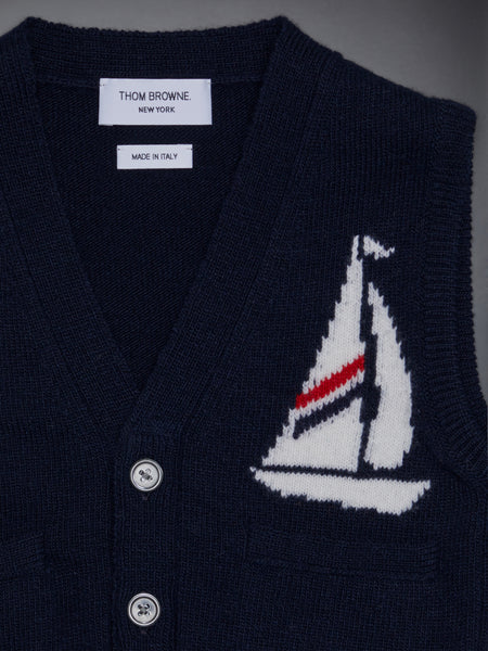 Kid's Fine Merino Half Drop Cardigan Vest NAVY