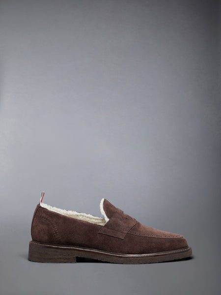 SUEDE CREPE SOLE SHEARLING PENNY LOAFER DARK BROWN