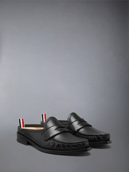 CALF LEATHER SOLE PLEATED VARSITY LOAFER MULE BLACK
