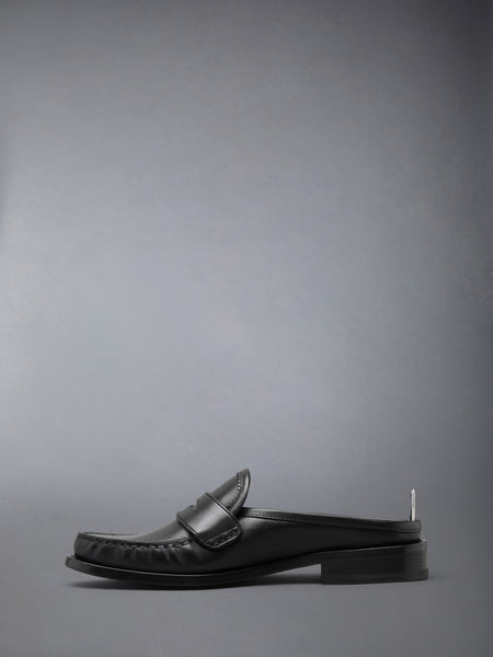 CALF LEATHER SOLE PLEATED VARSITY LOAFER MULE BLACK