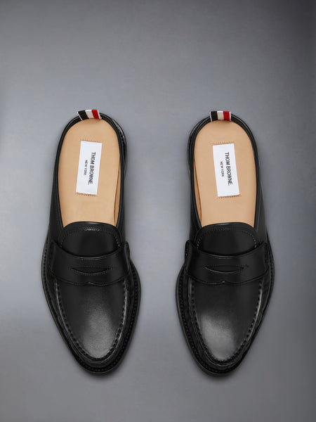 CALF LEATHER SOLE PLEATED VARSITY LOAFER MULE BLACK