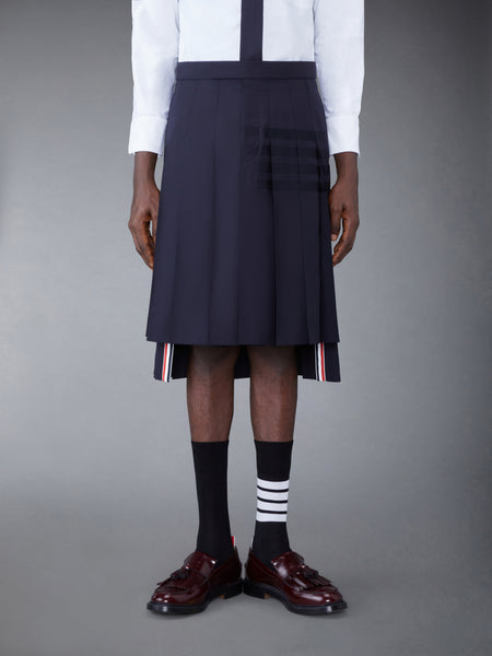 PLAIN WEAVE 4-BAR BACKSTRAP PLEATED SKIRT DARK BLUE
