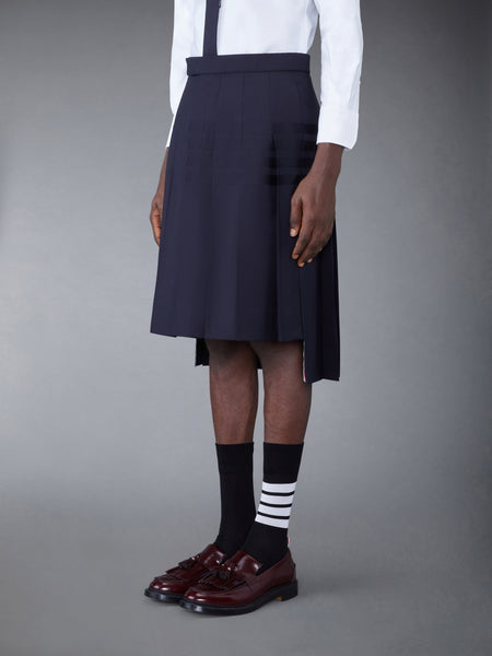 PLAIN WEAVE 4-BAR BACKSTRAP PLEATED SKIRT DARK BLUE