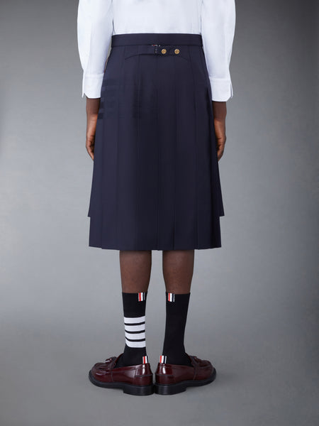 PLAIN WEAVE 4-BAR BACKSTRAP PLEATED SKIRT DARK BLUE