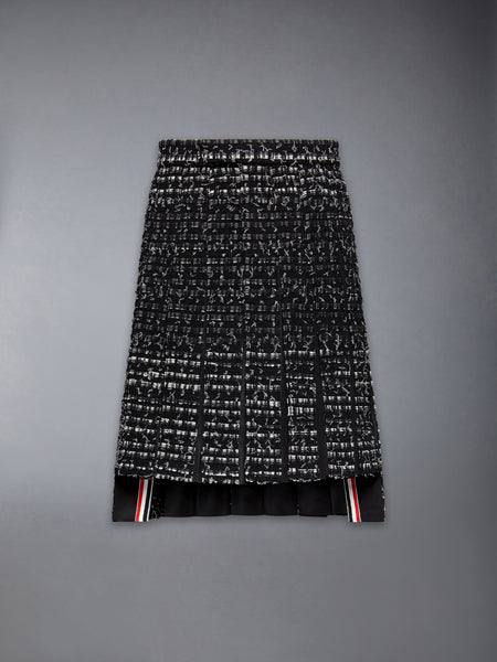 DENIM RIBBON TWEED CLASSIC RISE MIDI PLEATED SKIRT BLACK