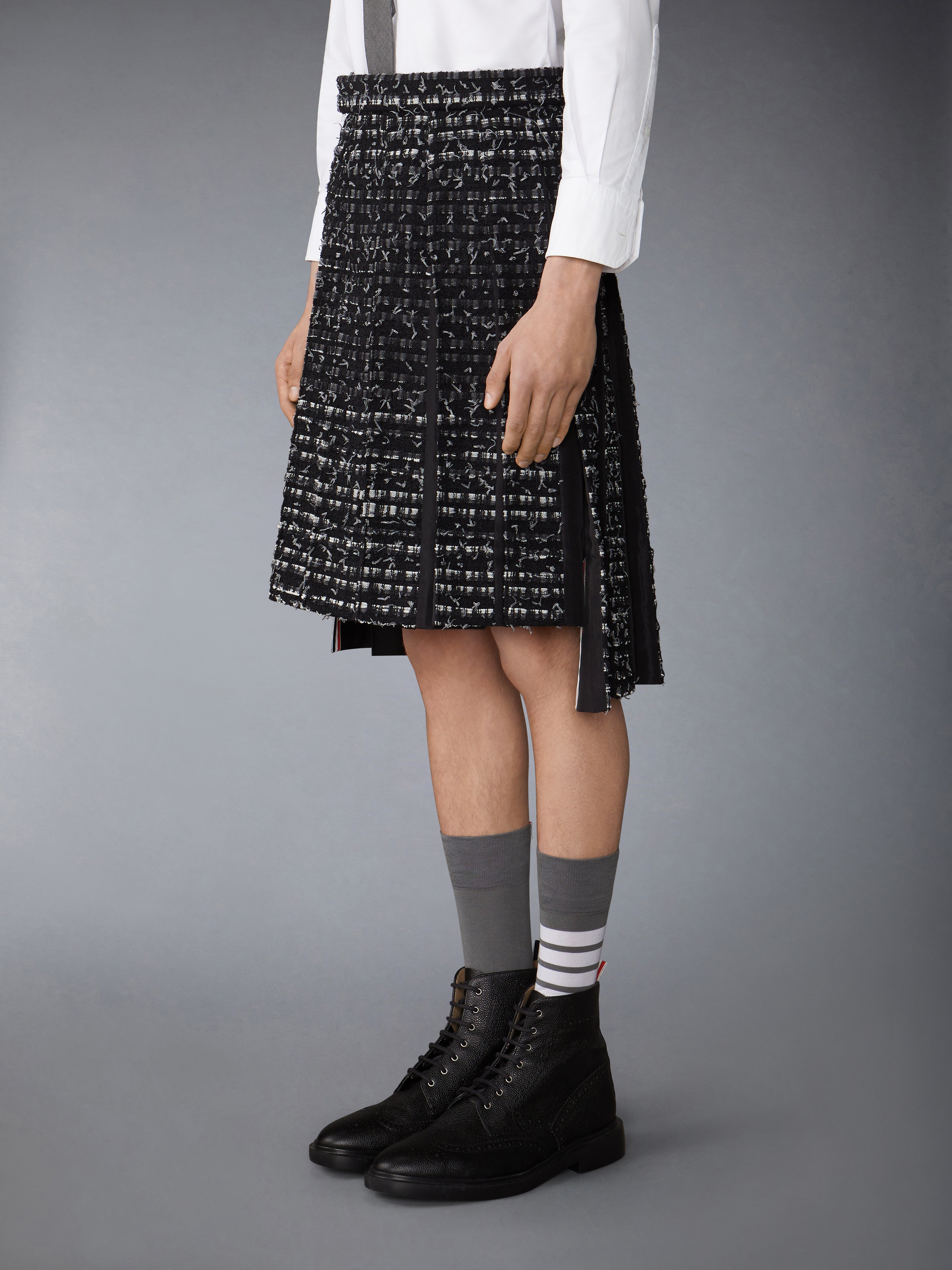 Denim Ribbon Tweed Classic Rise Midi Pleated Skirt | Thom Browne