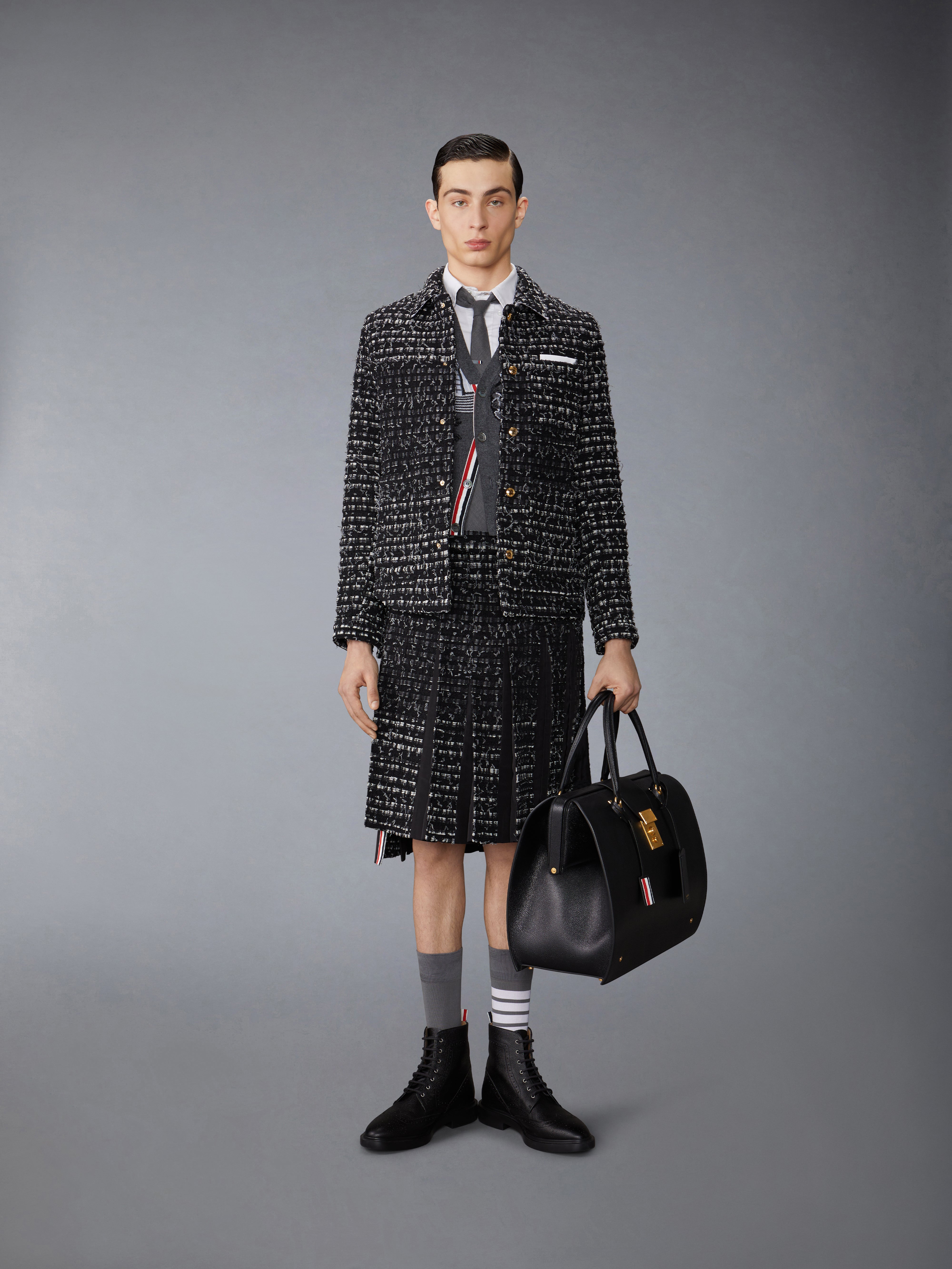 Denim Ribbon Tweed Classic Rise Midi Pleated Skirt | Thom Browne