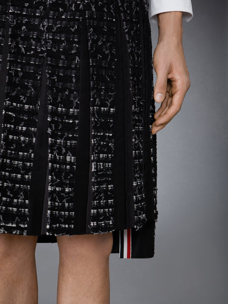 DENIM RIBBON TWEED CLASSIC RISE MIDI PLEATED SKIRT BLACK