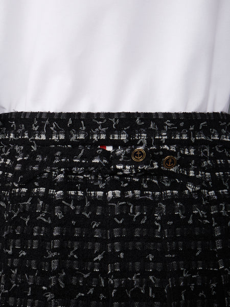 DENIM RIBBON TWEED CLASSIC RISE MIDI PLEATED SKIRT BLACK