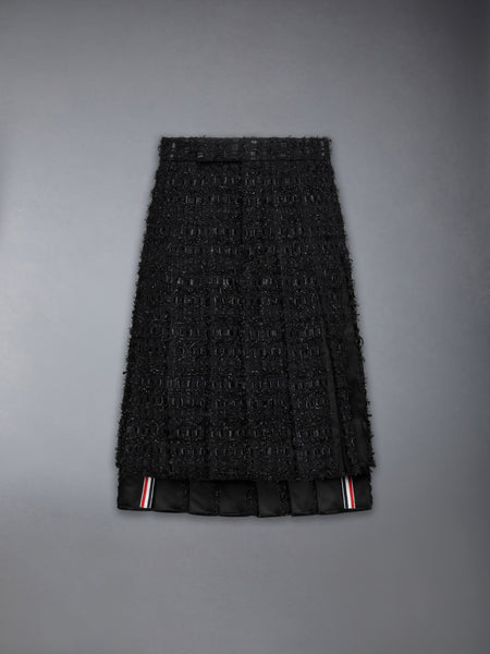 SATIN RIBBON TWEED FRAYED PLEATED SKIRT BLACK