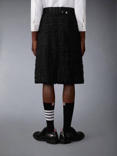 SATIN RIBBON TWEED FRAYED PLEATED SKIRT BLACK