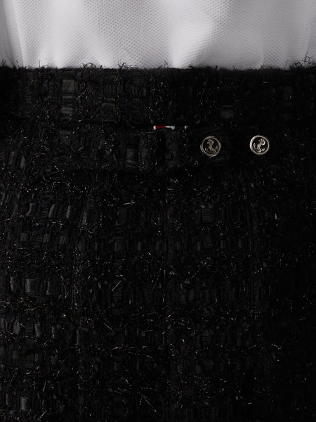 SATIN RIBBON TWEED FRAYED PLEATED SKIRT BLACK