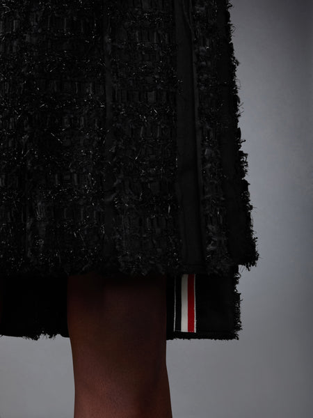 SATIN RIBBON TWEED FRAYED PLEATED SKIRT BLACK