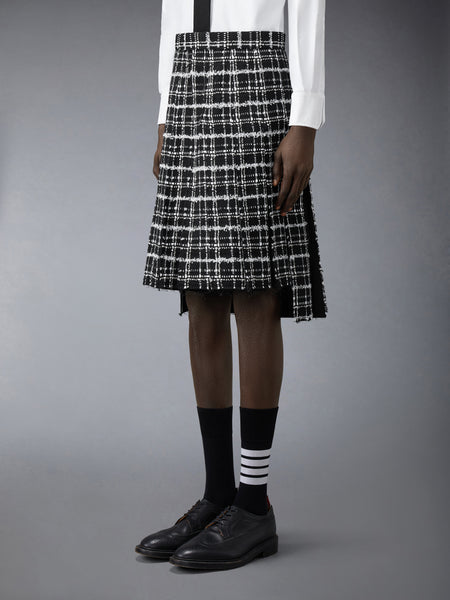 RIBBON TWEED PLEATED SKIRT WITH FRAY EDGE BLACK