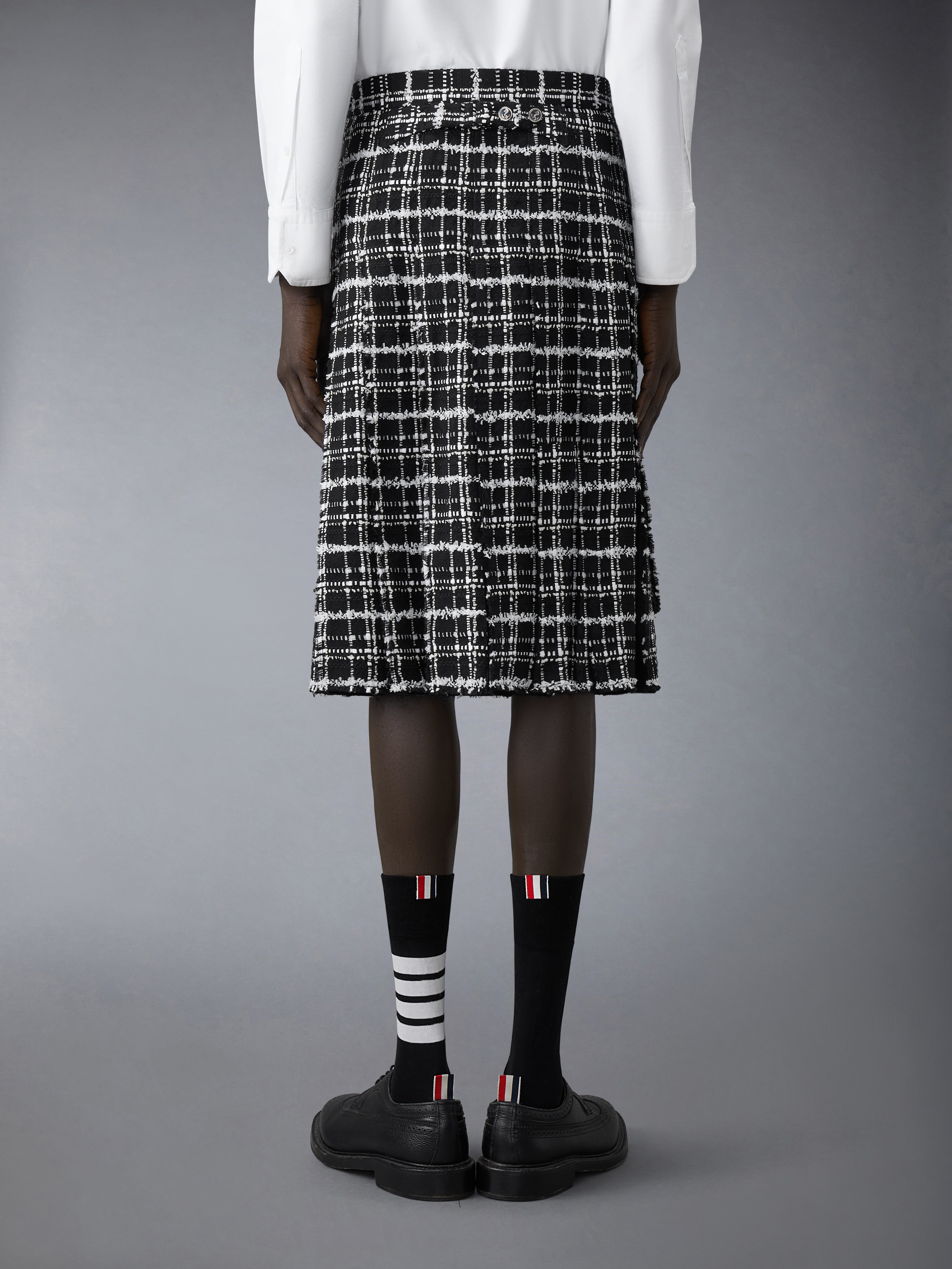 Ribbon Tweed Pleated Skirt With Fray Edge | Thom Browne