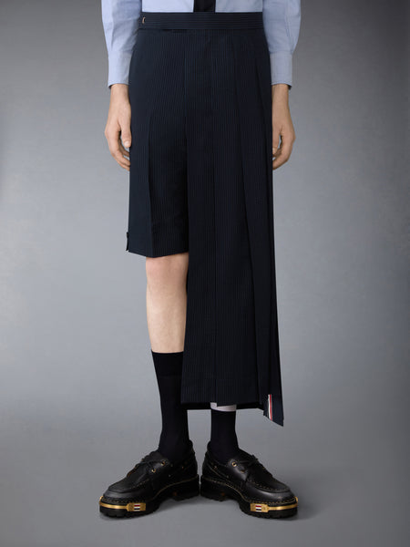 WOOL SEERSUCKER UTILITY BELT PLEATED SKIRT NAVY
