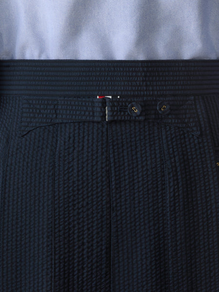 WOOL SEERSUCKER UTILITY BELT PLEATED SKIRT NAVY