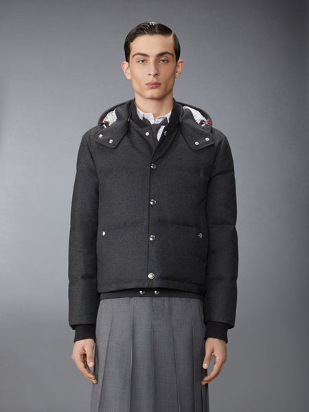 WOOL FLANNEL DOWN FILL DETACHABLE HOOD BOMBER DARK GREY