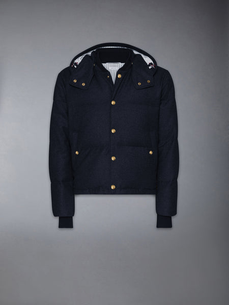DOWNFILL SNAP FRONT DETACHABLE HOOD BOMBER W/ TONAL GROSGRAIN IN WOOL FLANNEL NAVY