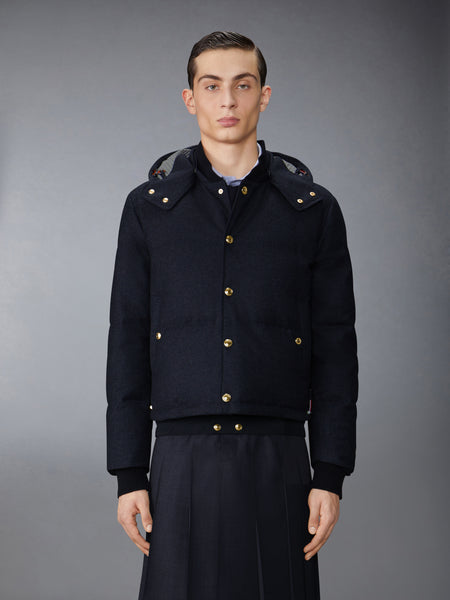 DOWNFILL SNAP FRONT DETACHABLE HOOD BOMBER W/ TONAL GROSGRAIN IN WOOL FLANNEL NAVY