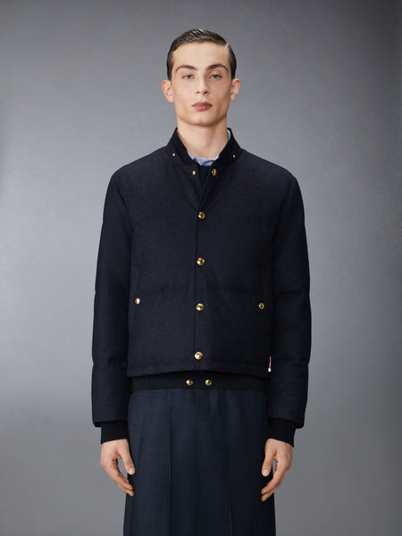 DOWNFILL SNAP FRONT DETACHABLE HOOD BOMBER W/ TONAL GROSGRAIN IN WOOL FLANNEL NAVY