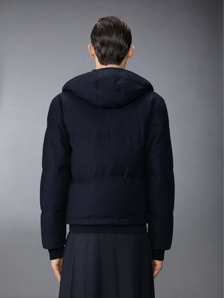 DOWNFILL SNAP FRONT DETACHABLE HOOD BOMBER W/ TONAL GROSGRAIN IN WOOL FLANNEL NAVY