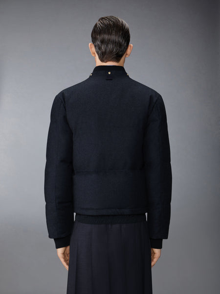 DOWNFILL SNAP FRONT DETACHABLE HOOD BOMBER W/ TONAL GROSGRAIN IN WOOL FLANNEL NAVY