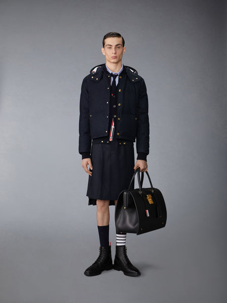 DOWNFILL SNAP FRONT DETACHABLE HOOD BOMBER W/ TONAL GROSGRAIN IN WOOL FLANNEL NAVY