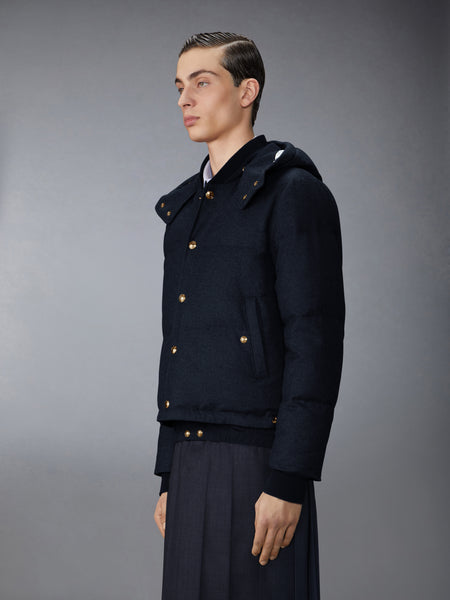 DOWNFILL SNAP FRONT DETACHABLE HOOD BOMBER W/ TONAL GROSGRAIN IN WOOL FLANNEL NAVY