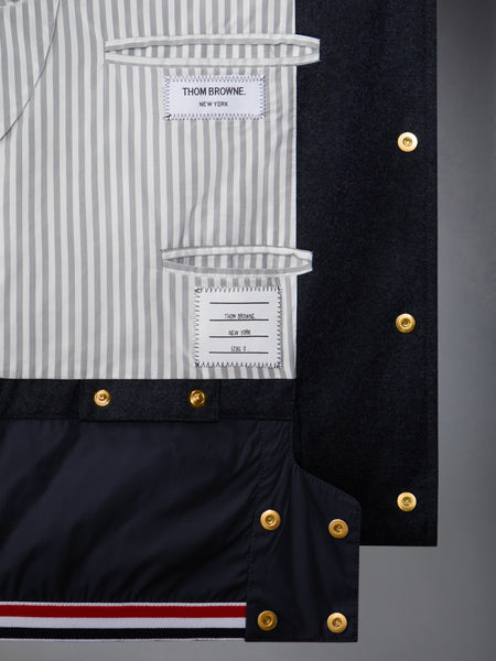 DOWNFILL SNAP FRONT DETACHABLE HOOD BOMBER W/ TONAL GROSGRAIN IN WOOL FLANNEL NAVY