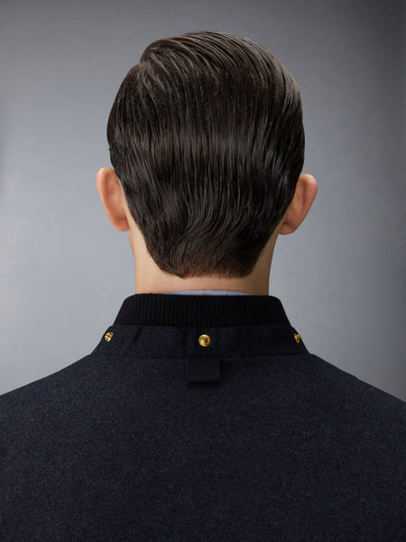 DOWNFILL SNAP FRONT DETACHABLE HOOD BOMBER W/ TONAL GROSGRAIN IN WOOL FLANNEL NAVY