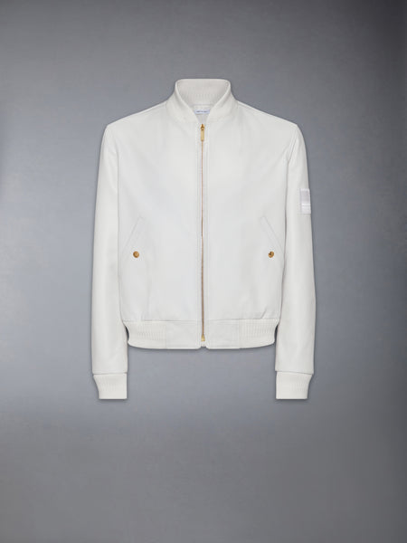 LAMB GRAINED LEATHER AND KNIT RIB FLAG PATCH BLOUSON WHITE