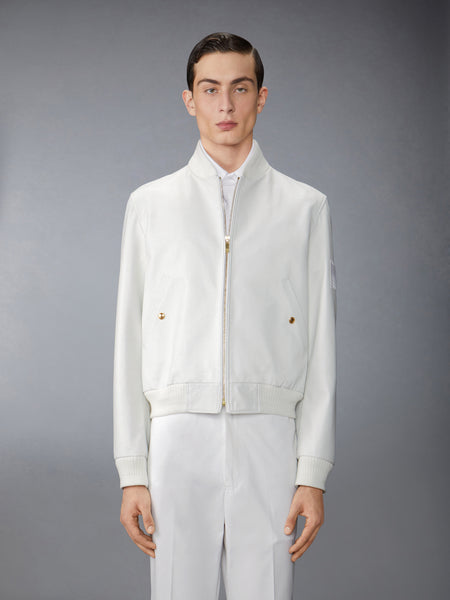 LAMB GRAINED LEATHER AND KNIT RIB FLAG PATCH BLOUSON WHITE