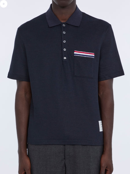 TEXTURED COTTON LINEN RWB EMBROIDERY POLO NAVY