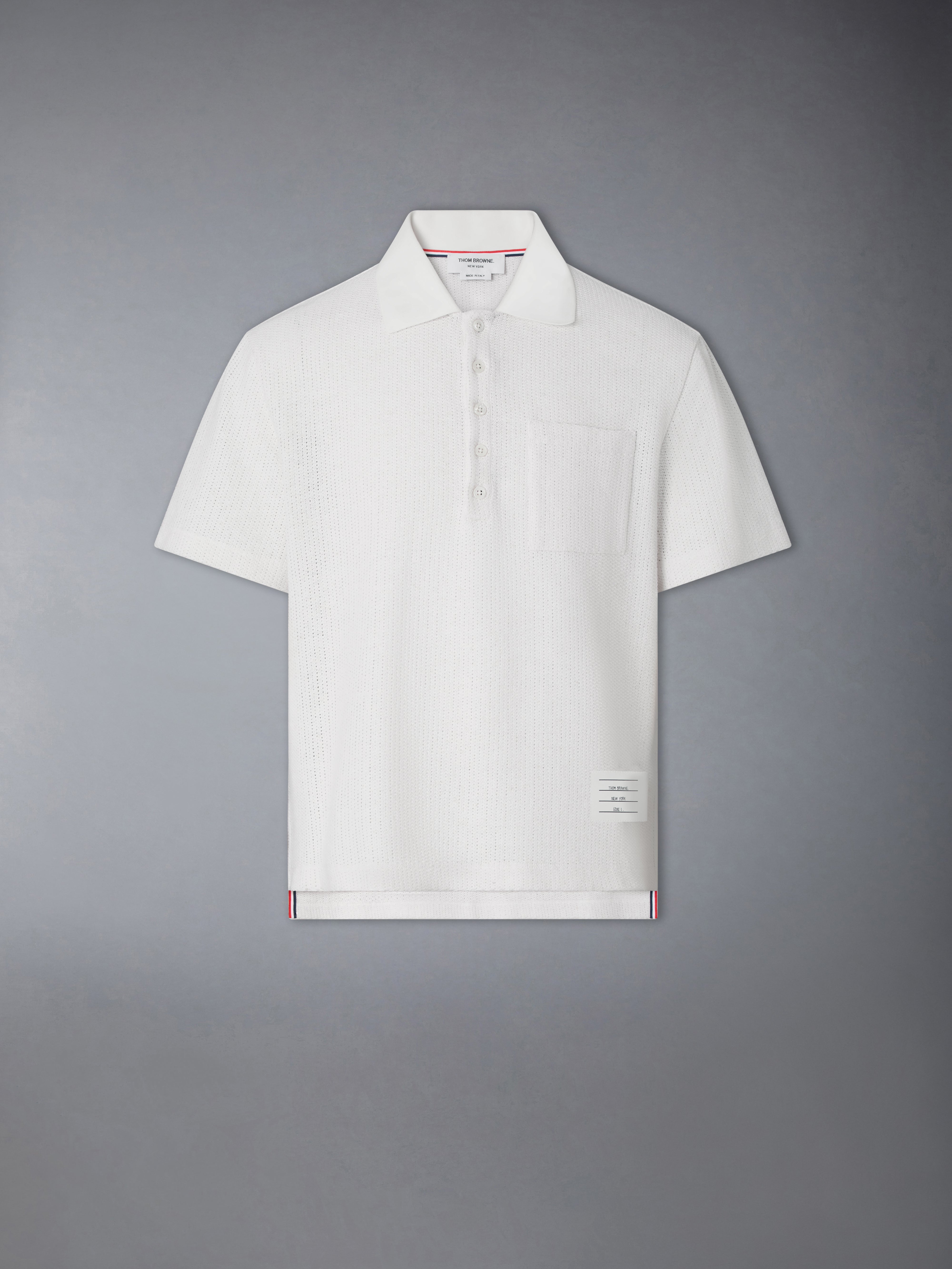 トムブラウン トリコロール クロスカンパニー ポロシャツ ホワイト 日本製 Men's High Summer Seersucker Classic | Thom Browne