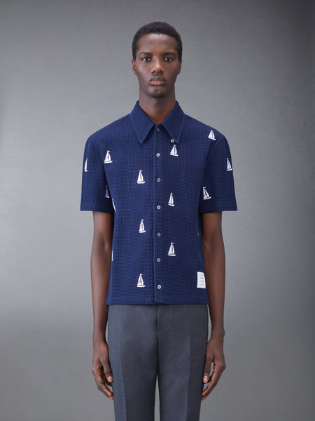 Textured Check Sailboat Short Sleeve Shirt NAVY