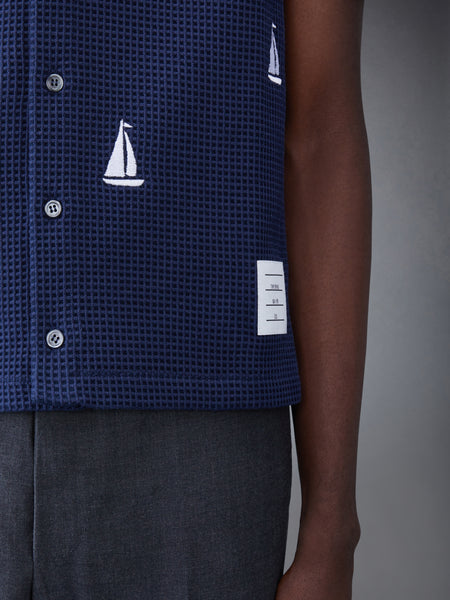 Textured Check Sailboat Short Sleeve Shirt NAVY