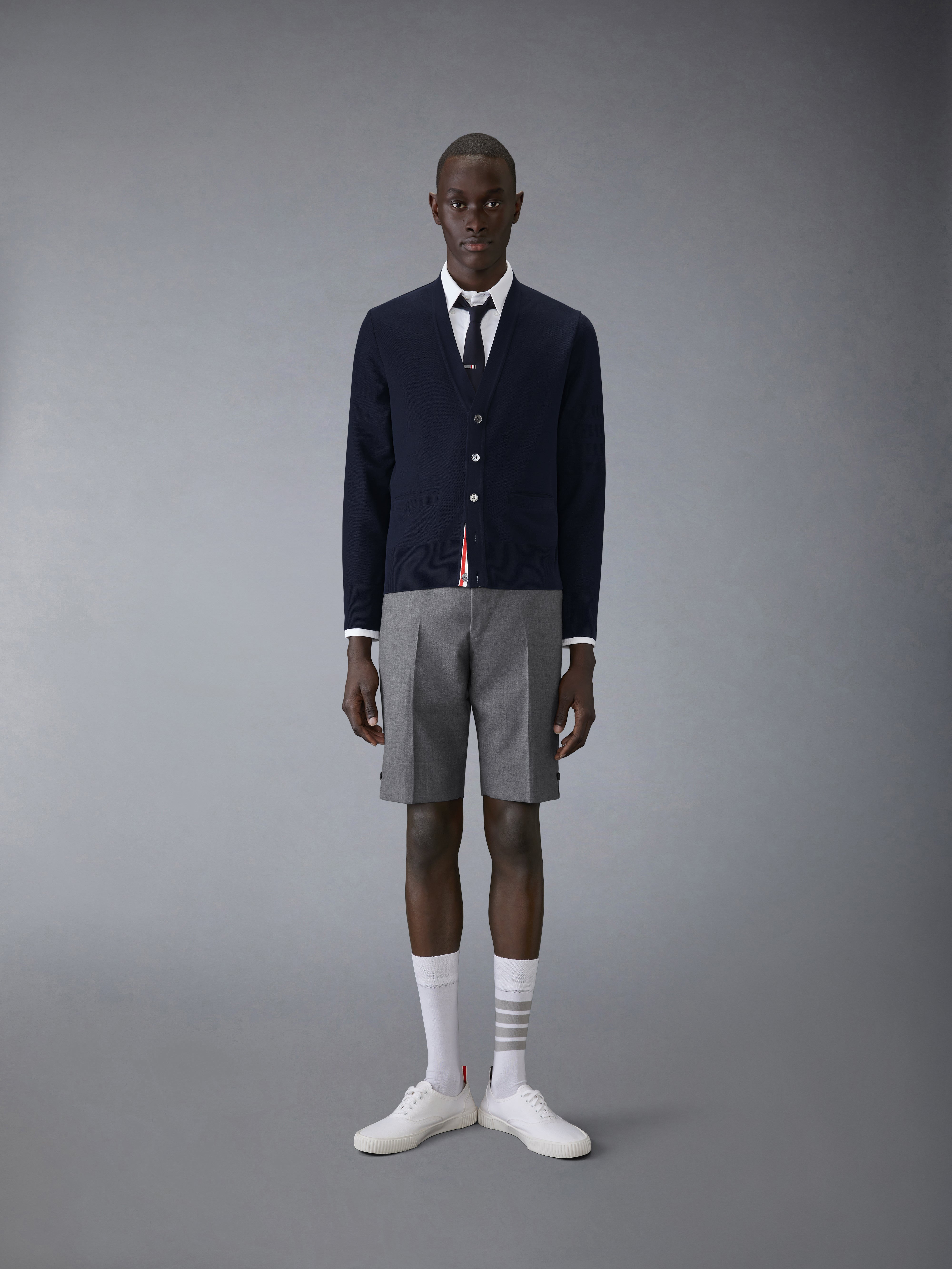 V Neck Cardigan W/ Textured 4 Bar In Silk Pique | Thom Browne