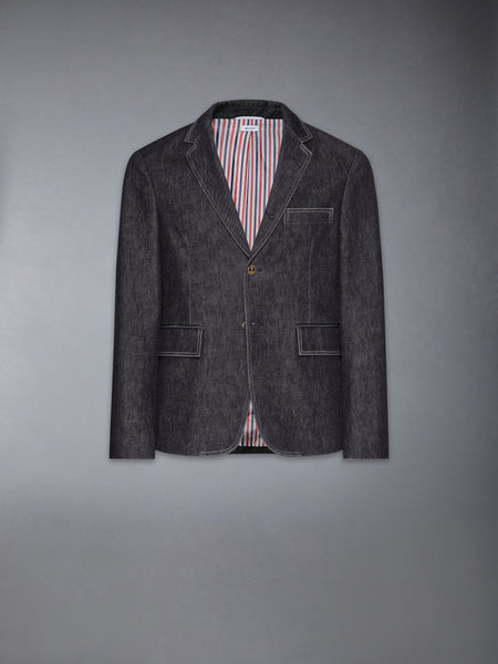 WASHED DENIM CONTRAST TOPSTITCHING UNCONSTRUCTED CLASSIC SPORT COAT BLACK