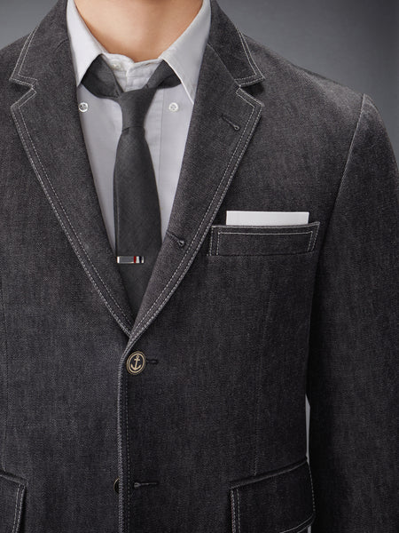 WASHED DENIM CONTRAST TOPSTITCHING UNCONSTRUCTED CLASSIC SPORT COAT BLACK