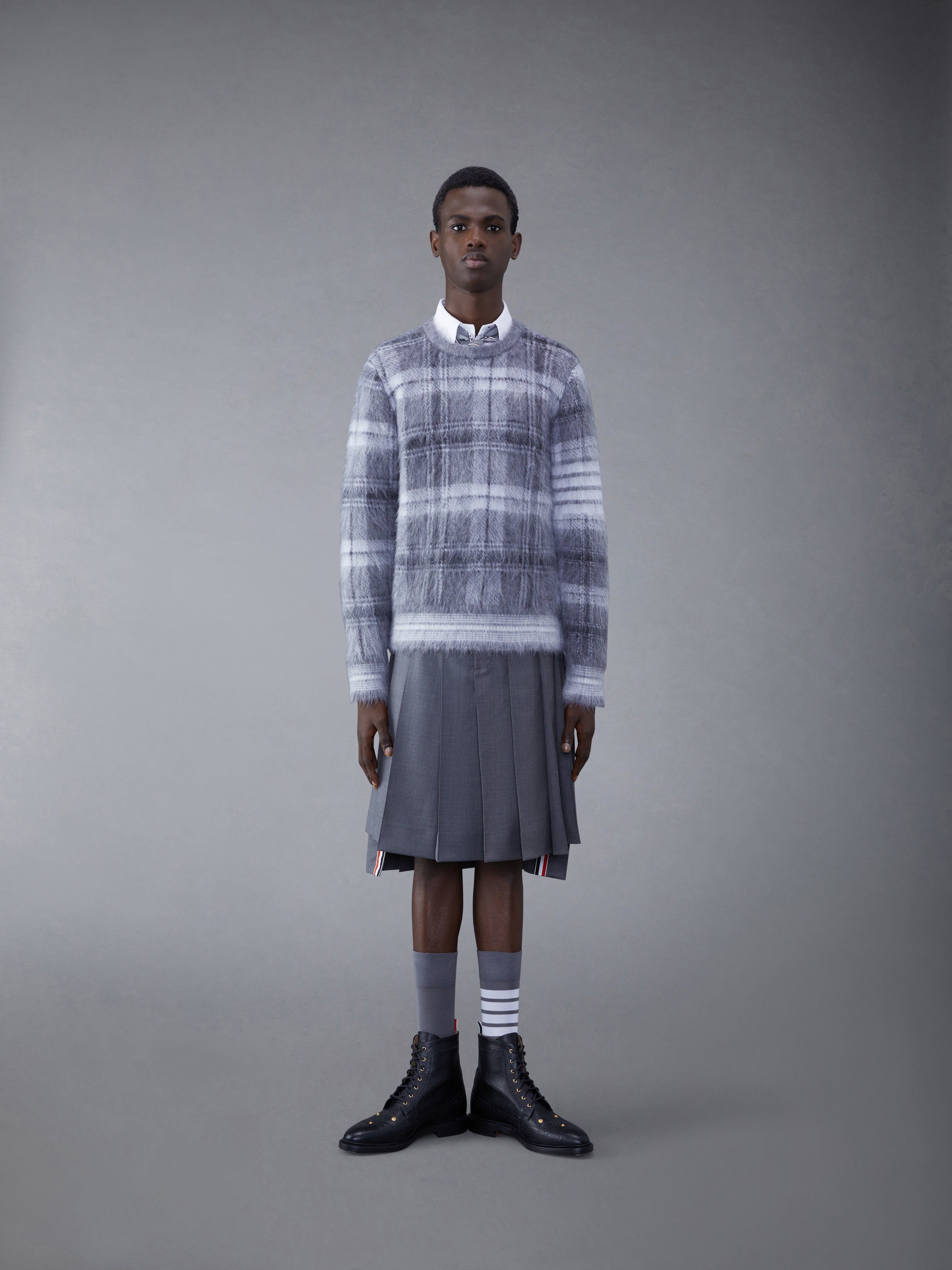 Tartan Mohair Check 4-Bar Crew Neck Pullover | Thom Browne