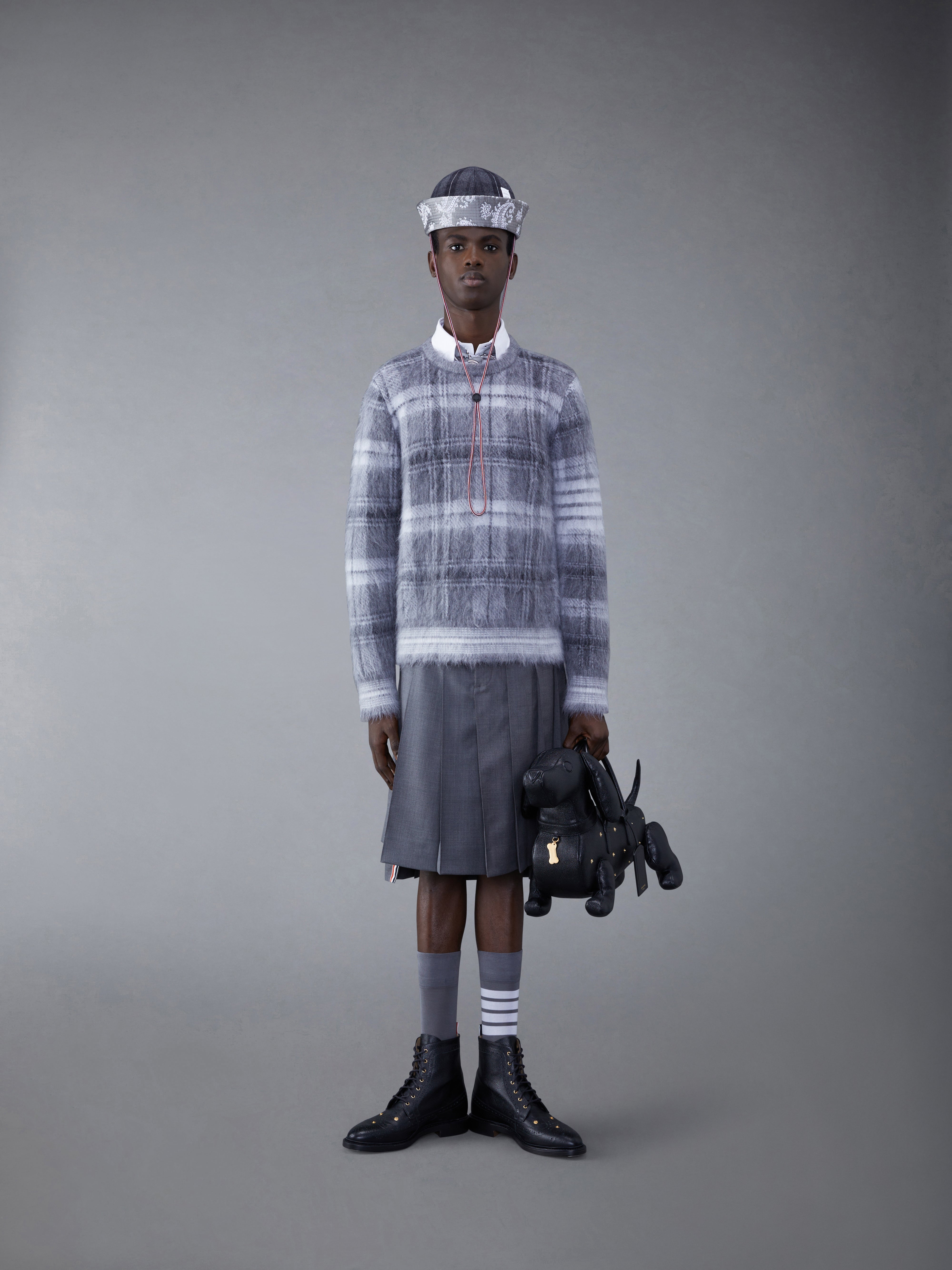 Tartan Mohair Check 4-Bar Crew Neck Pullover | Thom Browne