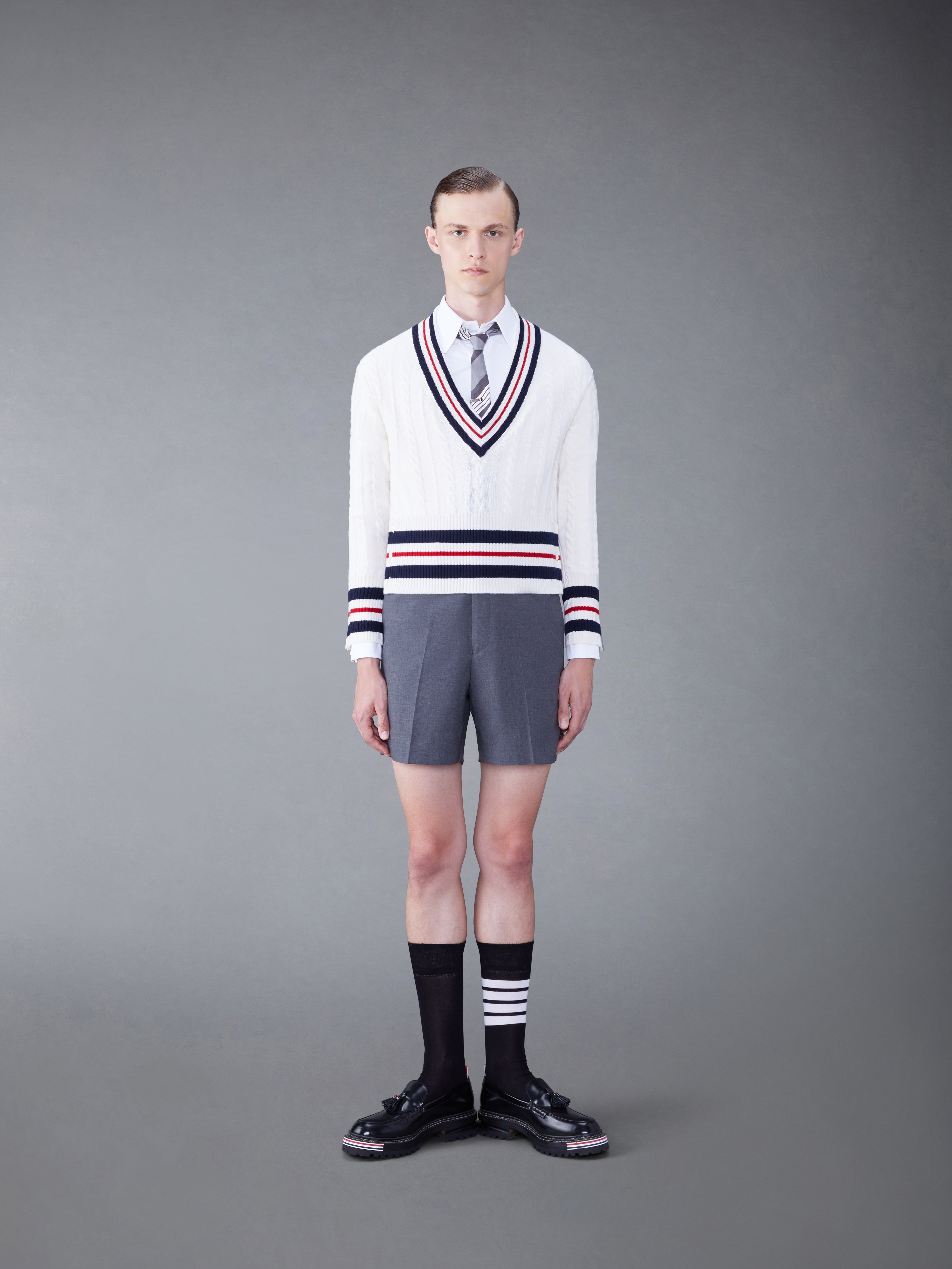 Cashmere Cable Classic V Neck Pullover | Thom Browne