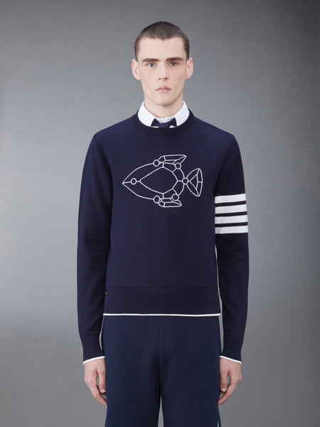 4-BAR FISH ICON CREW NECK PULLOVER NAVY