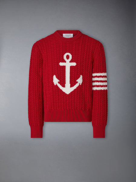 MERINO WOOL 4-BAR INTARSIA ANCHOR PULLOVER RED
