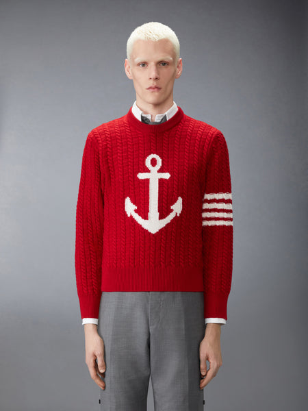 MERINO WOOL 4-BAR INTARSIA ANCHOR PULLOVER RED