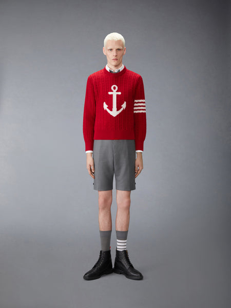 MERINO WOOL 4-BAR INTARSIA ANCHOR PULLOVER RED