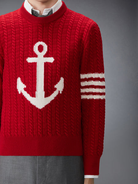 MERINO WOOL 4-BAR INTARSIA ANCHOR PULLOVER RED