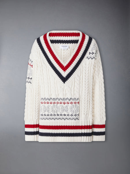 MERINO WOOL FAIR ISLE CRICKET PULLOVER WHITE